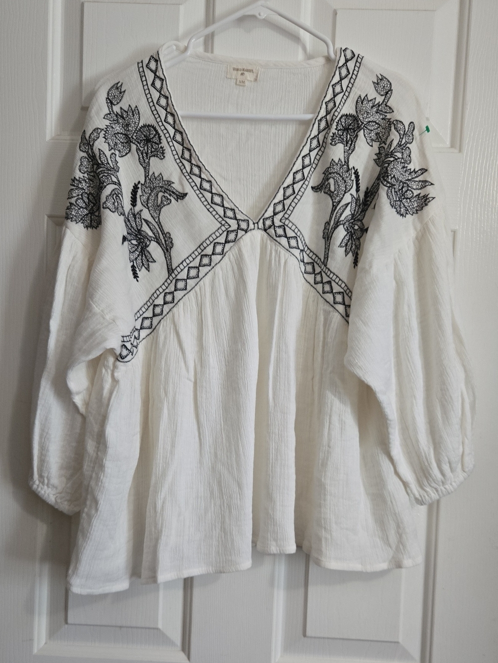 Cost Plus World Market White Tunic with Black Floral Embroidery